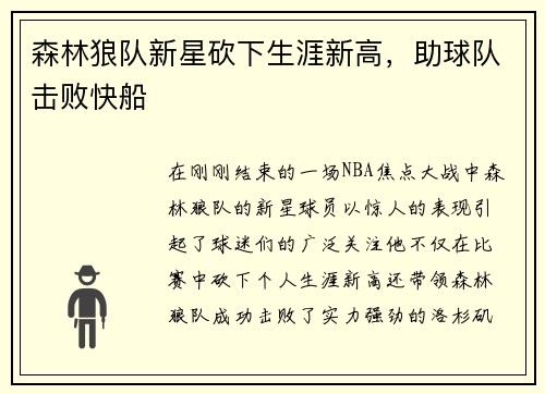 森林狼队新星砍下生涯新高，助球队击败快船